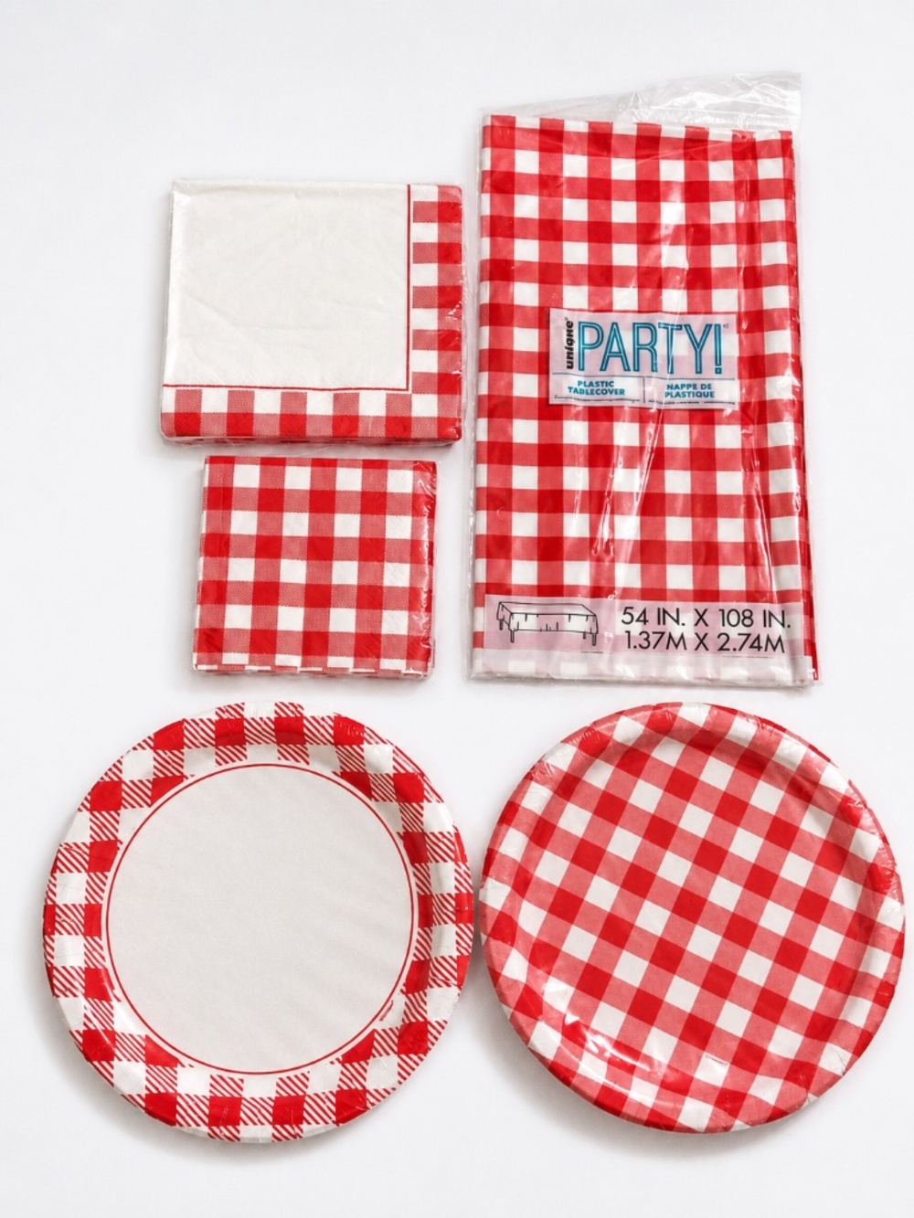 Red Gingham Party Set for 16 Plates Napkins Table Cover Picnic BBQ Checkered